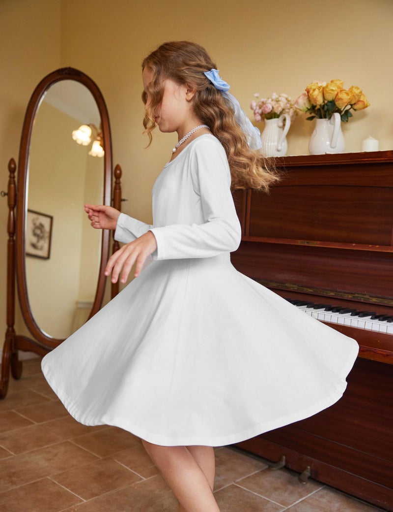 Arshiner Girls Long Sleeve Stretchy Dress A line Twirly Skater School Party Dress White Tween 10 Years - Image 5